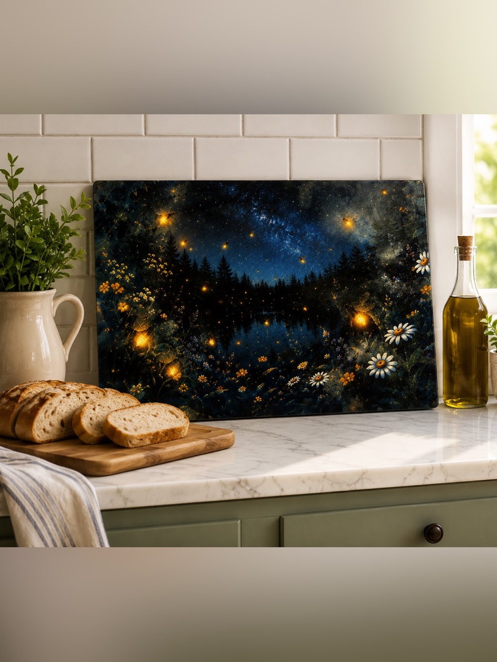 Starry Night Floral Tempered Glass Cutting Boad - Daisies & Fireflies 11x8 inch